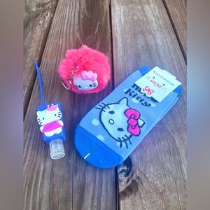 Hello Kitty Bundle: Hand Sanitizer & Pair of Socks & Bag Charm Or Keychain. NWOB